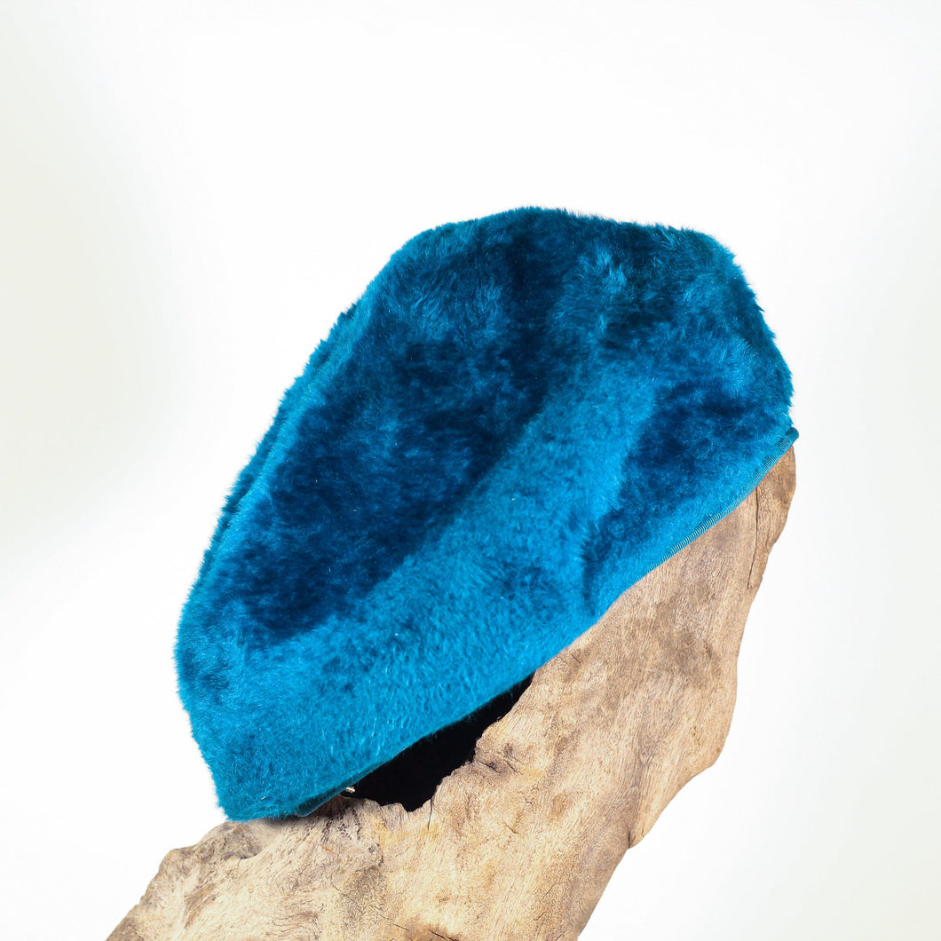 Vintage teal-dyed 60s faux fur Herbert Benard beret-style hat